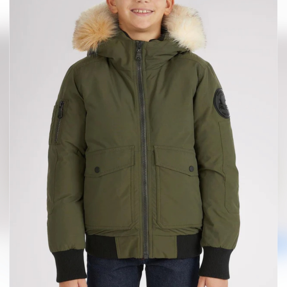 Pajar Bomber Winter Jacket, Army Green, Size 7/8, Girls, Removable Faux Fur Trim